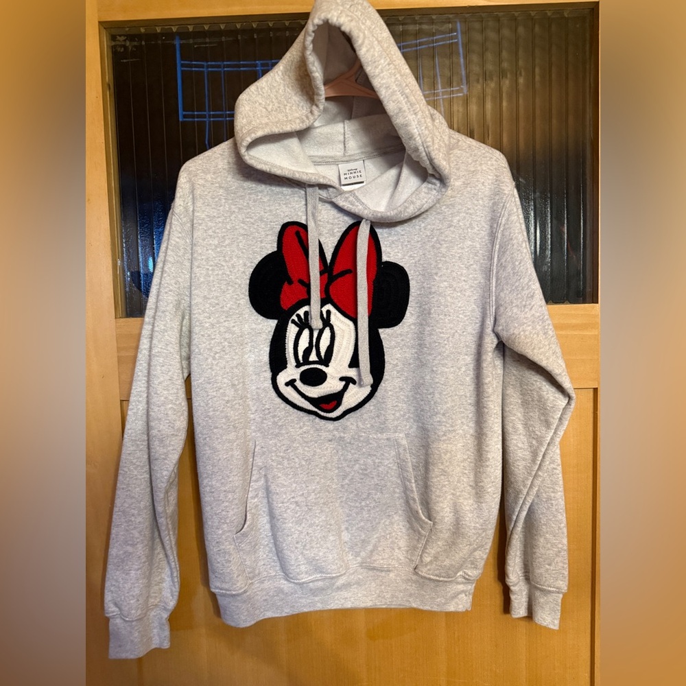 Disney Minnie Mouse Hoodie Womens Xs Gray Chenille Crochet Graphic Pullover
